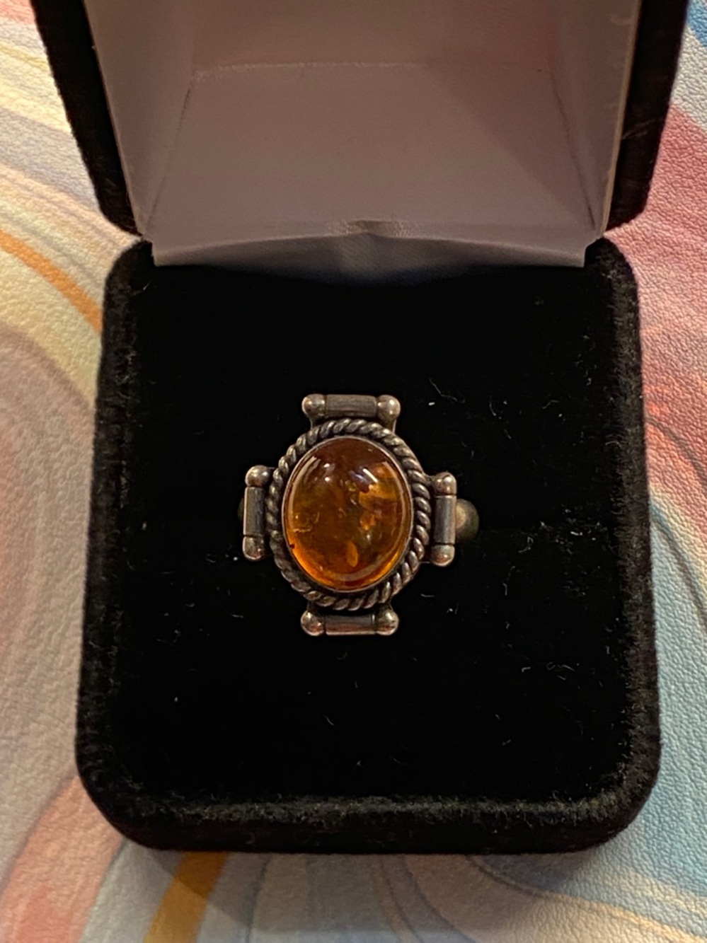 Vintage Sterling Silver Amber Ring Honey Cognac Cabochon Statement Size 6
